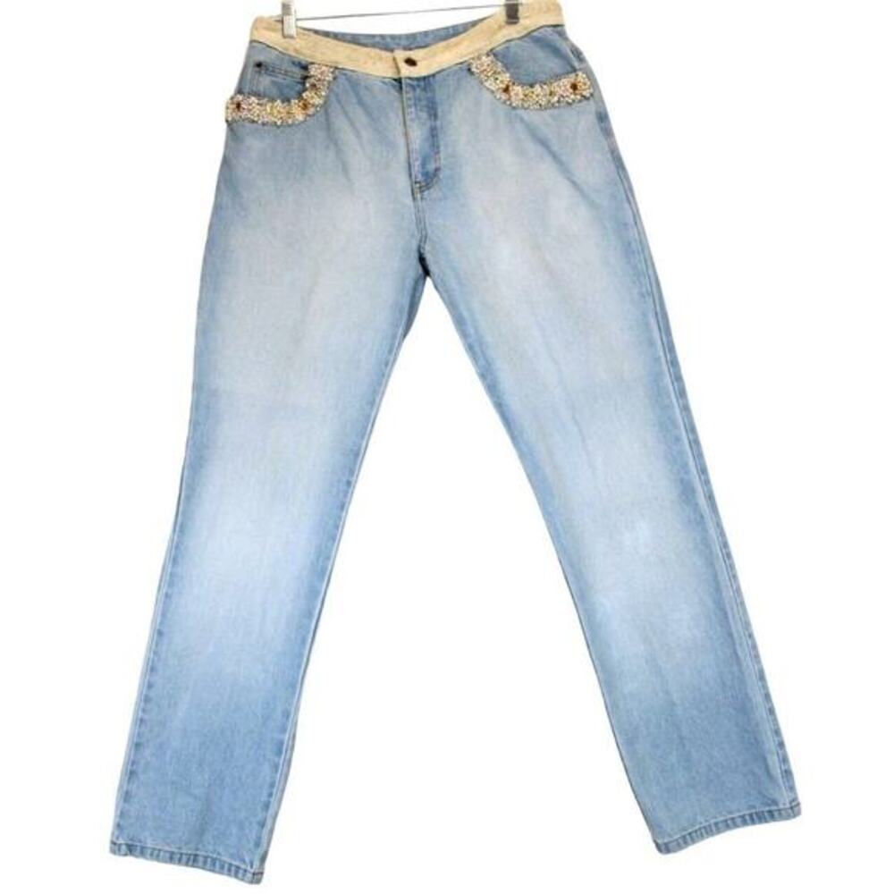 Newport News Jeanology Embellished Straight Leg Jeans Women 14 Lt Blue Boho Chic